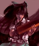 1girl arm_cannon bangs black_hair black_wings bow brown_eyes cape collar eyebrows eyebrows_visible_through_hair frilled_collar frilled_shirt frilled_shirt_collar frills gengoroumaru_(ambidextrous) green_bow green_skirt hair_bow holding holding_weapon long_hair looking_at_viewer puffy_short_sleeves puffy_sleeves reiuji_utsuho shirt short_sleeves simple_background skirt solo third_eye touhou upper_body weapon wings 