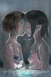  2girls arms_at_sides bangs bare_shoulders black_hair breasts brown_hair cleavage closed_eyes couple eyebrows face-to-face forehead-to-forehead from_side grey_background highres incipient_kiss itodome lips multiple_girls nose open_mouth original partially_submerged profile short_hair sidelocks simple_background sleeveless small_breasts upper_body water wet yuri 