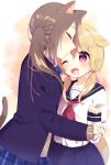  2girls animal_ears blazer blonde_hair bow bowtie brown_hair cat_ears cat_tail closed_eyes commentary_request dog_ears dog_tail highres jacket long_hair low_twintails mafuyu_(chibi21) multiple_girls one_eye_closed open_blazer open_clothes open_jacket open_mouth original paw_pose pink_eyes plaid plaid_skirt school_uniform serafuku skirt tail twintails yuri 