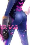  1girl ass bodysuit character_name copyright_name d.va_(overwatch) dated from_behind gloves gun handgun holding holding_gun holding_weapon overwatch pilot_suit simple_background skin_tight solo weapon white_background white_gloves 