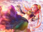  1girl black_skirt clouds cloudy_sky detached_sleeves flower hair_flower hair_ornament long_hair midriff namine_ritsu navel redhead skirt sky smile solo umu_(pixiv2396283) utau violet_eyes 