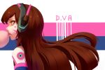  1girl bangs bodysuit brown_eyes brown_hair bubble_blowing bubblegum character_name d.va_(overwatch) facial_mark gum headphones high_collar highres lips lipstick long_hair makeup overwatch profile solo upper_body whisker_markings 