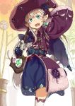  1girl belt blue_eyes coat cowboy_shot dress eyebrows eyebrows_visible_through_hair fur_trim gloves hat highres long_hair looking_at_viewer low_ponytail mn3ga one_leg_raised open_mouth original pointy_ears solo staff thigh-highs white_hair wide_sleeves 