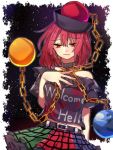  1girl bare_shoulders chain clothes_writing collar commentary_request earth_(ornament) hat hecatia_lapislazuli highres moon_(ornament) red_eyes redhead renka_(sutegoma25) shirt skirt solo t-shirt touhou 