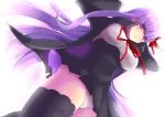  1girl bb_(fate/extra_ccc) black_dress black_legwear blush commentary_request dress fate/extra fate/extra_ccc fate_(series) hair_ribbon jacket lace lace-trimmed_thighhighs long_hair looking_at_viewer neck_ribbon open_clothes open_jacket panties pantyshot pantyshot_(standing) purple_hair red_ribbon ribbon short_dress smile solo standing thigh-highs underwear very_long_hair violet_eyes white_panties yude 