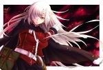  &gt;:( 1girl bandage_over_one_eye belt black_skirt breasts cape commentary_request cowboy_shot fate/grand_order fate_(series) florence_nightingale_(fate/grand_order) gloves large_breasts long_hair long_sleeves looking_at_viewer military military_uniform red_eyes silver_hair skirt solo tsurime uniform white_gloves yude 