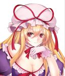  1girl blonde_hair breasts cleavage commentary_request frills glover hand_on_own_chin hat hat_ribbon highres large_breasts long_hair looking_at_viewer red_eyes red_ribbon ribbon solo touhou utakata_(kochou_no_yume) very_long_hair yakumo_yukari 