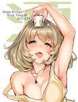  1girl alcohol armpits bare_shoulders blue_eyes blush breasts brown_hair cleavage commentary_request dress drunk glass green_eyes heterochromia highres idolmaster idolmaster_cinderella_girls jewelry looking_at_viewer mole mole_under_eye necklace saliva shiokonbu short_hair smile takagaki_kaede tongue tongue_out 