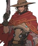  1boy ammunition armor beard belt brown_eyes brown_gloves brown_hair cape cigar cowboy_hat facial_hair gloves gun handgun hat holding holding_gun holding_weapon holster looking_at_viewer mccree_(overwatch) mechanical_hand mouth_hold mustache overwatch pants pistol poncho red_cape revolver simple_background smoke smoking solo torn_cape torn_clothes torn_hat upper_body weapon western 