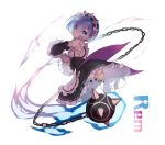  1girl black_dress blue_eyes blue_hair blush commentary_request detached_sleeves dress flail frills garter_straps hair_ornament hair_over_one_eye looking_at_viewer maid morning_star re:zero_kara_hajimeru_isekai_seikatsu rem_(re:zero) ribbon saru short_hair solo thigh-highs weapon white_legwear x_hair_ornament 