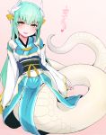 1girl aqua_hair blush fate/grand_order fate_(series) horns japanese_clothes kimono kiyohime_(fate/grand_order) lamia long_hair pink_background simple_background smile snake_tail solo soropippub yellow_eyes