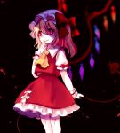  1girl ascot black_background blonde_hair blurry crystal fang flandre_scarlet hat hat_ribbon laevatein looking_away mob_cap open_mouth petticoat puffy_sleeves red_eyes ribbon shirt short_hair short_sleeves side_ponytail skirt skirt_set smile solo tis_(shan0x0shan) touhou vest wings wrist_cuffs 