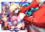  &gt;:) &gt;:d 3girls :d ahoge attila_(fate/grand_order) bare_shoulders black_legwear blue_bow blush bow braid breasts caster_(fate/extra) cleavage commentary_request corset epaulettes fate/extella fate/extra fate_(series) fox_shadow_puppet french_braid hair_bow headdress long_sleeves looking_at_viewer multiple_girls open_mouth saber_extra smile wide_sleeves yude 