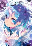  1girl :o aloe_(artist) blue_eyes blue_hair blush bow breasts chain crying crying_with_eyes_open dissolving_clothes eyelashes floating_hair frills from_above hair_over_one_eye hair_ribbon highres horn looking_at_viewer maid oni_horns petals re:zero_kara_hajimeru_isekai_seikatsu red_bow rem_(re:zero) ribbon shade short_hair solo tears upper_body white_background wind x_hair_ornament 
