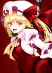  1girl alternate_costume blonde_hair breasts commentary_request crystal fang flandre_scarlet happy hat hat_ribbon laughing looking_at_viewer open_mouth outstretched_arm puffy_sleeves red_eyes red_ribbon red_skirt ribbon side_ponytail sideboob skirt solo touhou utakata_(kochou_no_yume) wings yellow_ribbon 