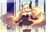  1girl bangs black_dress black_gloves black_legwear blonde_hair blunt_bangs blush bow breasts cleavage cowboy_shot curly_hair demon_horns detached_collar dress elbow_gloves gloves hair_bow horns large_breasts long_hair looking_at_viewer original smile solo strapless strapless_dress thigh-highs very_long_hair violet_eyes zettai_ryouiki zimajiang 