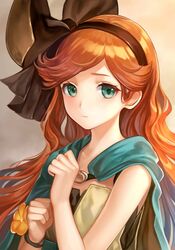  1girl bare_shoulders bracelet cape circle_cut clenched_hands colored_eyelashes granblue_fantasy green_eyes hair_ribbon hairband jewelry lips long_hair looking_at_viewer orange_hair ribbon sara_(granblue_fantasy) siro sleeveless upper_body wavy_hair 