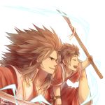  2boys artist_name bell blue_eyes brown_hair child closed_eyes father_and_son fire_emblem fire_emblem_if hasuyawn japanese_clothes katana long_hair multiple_boys open_mouth polearm ryouma_(fire_emblem_if) shinonome_(fire_emblem_if) simple_background spear sword teeth weapon white_background 