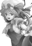  1girl alternate_costume breasts commentary_request crystal fang flandre_scarlet greyscale happy hat hat_ribbon laughing looking_at_viewer monochrome open_mouth outstretched_arm puffy_sleeves ribbon side_ponytail sideboob skirt solo touhou utakata_(kochou_no_yume) wings 