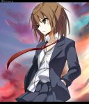  1girl blazer brown_eyes brown_hair hand_in_pocket heavens_thunder_(byakuya-part2) jacket kantai_collection letterboxed looking_to_the_side necktie pleated_skirt red_necktie school_uniform shirt skirt sky solo sunset twitter_username wakaba_(kantai_collection) white_shirt 