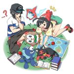  1boy 1girl baseball_cap bird black_hair book cat female_protagonist_(pokemon_sm) hat highres litten_(pokemon) male_protagonist_(pokemon_sm) map owl poke_ball pokedex pokemon pokemon_(game) pokemon_sm popplio rotom rowlet seal tm_(hanamakisan) 