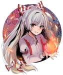  1girl artist_name asa_(coco) blush bow eyebrows eyebrows_visible_through_hair fire flame fujiwara_no_mokou grin hair_bow long_hair looking_at_viewer outstretched_hand red_eyes silver_hair smile solo suspenders touhou upper_body 