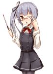  1girl ;o adjusting_glasses aikawa_ryou bangs belt belt_buckle bespectacled black_legwear black_skirt black_vest blunt_bangs blush brown_eyes buckle buttons collared_shirt cowboy_shot double-breasted dress_shirt glasses hair_ribbon holding jumper kantai_collection kasumi_(kantai_collection) long_hair long_sleeves looking_at_viewer one_eye_closed open_mouth pantyhose pointer red-framed_glasses red_ribbon remodel_(kantai_collection) ribbon shirt side_ponytail silver_hair simple_background skirt solo vest white_background wing_collar 