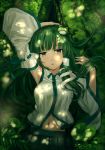  1girl detached_sleeves frog_hair_ornament green_eyes green_hair hair_ornament hair_tubes highres japanese_clothes kochiya_sanae long_hair long_sleeves looking_at_viewer lying midriff miko navel on_back on_ground open_mouth ryokucha_manma shirt skirt snake_hair_ornament solo touhou tree_shade upper_body wide_sleeves 