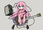  1girl absurdres ahoge amplifier aqua_eyes bangs black_footwear black_socks blue_eyes bocchi_the_rock! boots cable commentary dot_mouth electric_guitar english_commentary expressionless floating floating_object full_body gibson_les_paul gotou_hitori gradient gradient_background grey_background guitar hair_between_eyes hair_cubes hair_ornament highres holding holding_instrument instrument jacket jitome kneeling legs_apart long_hair long_sleeves looking_at_viewer no_pupils one_side_up pink_hair pink_jacket plaid plaid_skirt pleated_skirt purple_skirt safe simple_background skirt sleeves_past_wrists socks solo tokiwa_(914) track_jacket v_arms very_long_hair wind wind_lift 