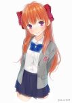  1girl ama_mitsuki blush gekkan_shoujo_nozaki-kun hair_ribbon orange_hair polka_dot ribbon sakura_chiyo school_uniform simple_background smile solo violet_eyes 