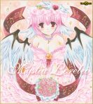  1girl artist_name bare_shoulders bird_ears bird_wings blush bouquet breasts character_name choker cleavage dress flower frilled_dress frills hair_ornament heart_hair_ornament jewelry large_breasts looking_at_viewer musical_note mystia_lorelei necklace pink_dress pink_hair pink_rose red_eyes ribbon rose short_hair smile solo strapless strapless_dress tamagoboro touhou traditional_media wedding_dress wing_hair_ornament wings 