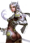  1girl absurdres armor artist_name ass bodysuit breastplate breasts character_name closed_mouth cyborg from_behind genderswap genderswap_(mtf) genji_(overwatch) gloves green_eyes highres holding holding_sword holding_weapon katana lips long_hair looking_at_viewer looking_back low-tied_long_hair mechanical_arm motion_blur no_headwear no_helmet overwatch raypier shuriken silver_hair small_breasts solo sword upper_body watermark weapon web_address white_background 
