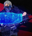  1boy ammunition ammunition_belt assault_rifle black_gloves blue_eyes boots clenched_teeth energy_gun gloves glowing glowing_eyes grey_hair gun jacket long_sleeves looking_at_viewer male_focus mask overwatch pants rifle short_hair soldier:_76_(overwatch) solo teeth weapon 