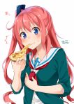  /\/\/\ 1girl 2016 blue_eyes blush cardigan cheese_trail closed_mouth collarbone dated eating food holding holding_food long_hair neckerchief number one_side_up original pink_hair pizza sailor_collar sasahara_wakaba solo sweatdrop twitter_username white_background 