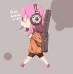  1girl breasts chibi commentary_request eating food guitar guitar_case headphones instrument instrument_case large_breasts long_hair mouth_hold nitroplus pink_hair pocky solo sukehiro super_sonico |_| 