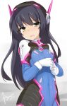  1girl azalanz blush cosplay d.va_(overwatch) d.va_(overwatch)_(cosplay) girls_und_panzer gloves headphones looking_at_viewer overwatch reizei_mako signature simple_background small_breasts solo white_background yellow_eyes 