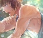  1boy biceps blue_eyes brown_hair clenched_hand gran_(granblue_fantasy) granblue_fantasy male_focus muscle nipples open_mouth solo sweat tank_top upper_body wet wet_hair 