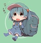  1girl artist_request backpack bag blue_eyes blue_hair boots chibi commentary_request green_background hair_bobbles hair_ornament hat kawashiro_nitori key open_mouth rubber_boots short_hair simple_background skirt skirt_set solo sweat sweatdrop tokin_hat touhou translated twintails two_side_up 