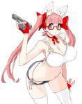  animal_ears bare_shoulders bow breasts cat_ears denim denim_shorts glasses gun hair_bow handgun large_breasts long_hair looking_at_viewer o-ring_top original pink_hair pistol red_eyes short_shorts shorts srco thigh-highs twintails vrkdh weapon white_legwear 