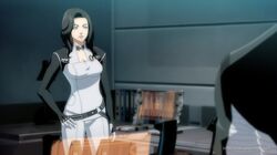  1girl black_hair blue_eyes breasts choker commentary hand_on_hip holographic_monitor jeanne_virak long_hair mass_effect mass_effect_2 miranda_lawson watermark web_address 