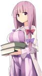  1girl book_stack breast_rest breasts capelet carrying coat dress hair_ribbon kamukamu_(ars) large_breasts long_hair long_sleeves looking_at_viewer no_hat open_clothes open_coat patchouli_knowledge purple_dress purple_hair ribbon solo striped striped_dress touhou tress_ribbon very_long_hair violet_eyes 
