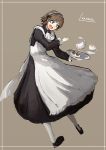  1girl alternate_costume apron artist_name black_shoes blue_eyes brown_hair cup dress enmaided hairband hiei_(kantai_collection) kantai_collection lansane light_brown_background long_sleeves maid maid_headdress open_mouth puffy_long_sleeves puffy_sleeves saucer shoes short_hair solo tea_set teacup teapot tray white_legwear 