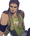  1boy armband bare_shoulders beard brown_eyes brown_hair dark_skin facial_hair goatee hairlocs long_hair lucio_(overwatch) male_focus overwatch simple_background sitting smile solo tank_top tattoo white_background 