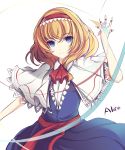  1girl alice_margatroid blonde_hair blue_dress blue_eyes capelet character_name cravat dress faefaea hairband light_smile lolita_hairband looking_at_viewer open_hand puppet_rings puppet_strings raised_hand sash short_hair simple_background solo touhou white_background 