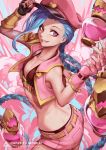  1girl alternate_costume ass blue_hair braid breasts cleavage fingerless_gloves gloves grin highres jinx_(league_of_legends) league_of_legends long_hair nail_polish oopartz_yang pink_eyes short_shorts shorts smile solo twin_braids 