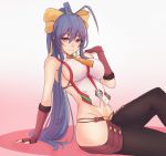 1girl antenna_hair backless_outfit bangs blazblue blazblue_variable_heart blue_hair blush bow breasts covered_nipples fingerless_gloves genderswap genderswap_(mtf) gloves groin hair_between_eyes hair_bow highres kubo_(artist) large_breasts long_hair looking_at_viewer mai_natsume navel no_bra no_panties ponytail red_eyes revealing_clothes ribbon sideboob sidelocks sitting smile solo very_long_hair violet_eyes 