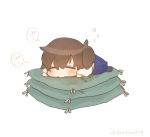  1girl artist_request blush brown_hair chibi closed_eyes commentary cushion ina_(1813576) japanese_clothes kaga_(kantai_collection) kantai_collection long_hair side_ponytail simple_background sleeping solo twitter_username white_background wide_sleeves zzz 