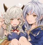  2girls ahoge armpits artist_request bad_hands braid breasts cape carrying cleavage doraf granblue_fantasy hair_between_eyes height_difference horns kumuyu light_smile long_hair long_sleeves looking_at_viewer low_twintails multiple_girls open_mouth silva_(granblue_fantasy) silver_hair simple_background smile twin_braids twintails upper_body wide_sleeves yellow_eyes 