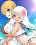  2girls :d ;d alternate_costume aqua_eyes bare_shoulders bikini blonde_hair blue_bikini blue_eyes blush breasts commentary_request crop_top flower hair_flower hair_ornament highres hug hug_from_behind jacket kantai_collection large_breasts long_hair looking_at_viewer low_twintails multiple_girls one-piece_tan one_eye_closed open_clothes open_jacket open_mouth prinz_eugen_(kantai_collection) red_bikini rerrere ro-500_(kantai_collection) sailor_collar side-tie_bikini silver_hair smile swimsuit tan tanline twintails 