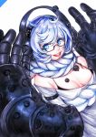 1girl :d absurdly_long_hair bare_shoulders black-framed_glasses blue_eyes braid breasts cleavage gauntlets glasses headphones kantai_collection long_hair looking_at_viewer off_shoulder open_mouth pale_skin power_fist semi-rimless_glasses shinkaisei-kan single_braid smile solo supply_depot_hime under-rim_glasses very_long_hair white_hair white_skin ytoy 